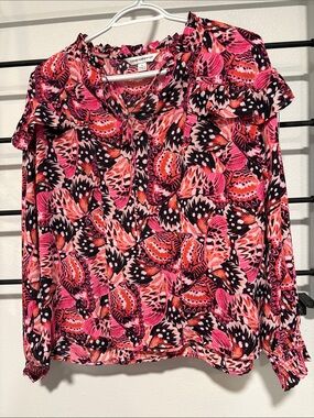 Counterparts Pink & Black Butterfly Motif Ruffle Blouse